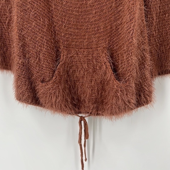 𝅺FUZZY Drawstring Kangaroo Pocket Long Knit Rust Rose Sweater Oversized  M/L - Picture 3 of 6